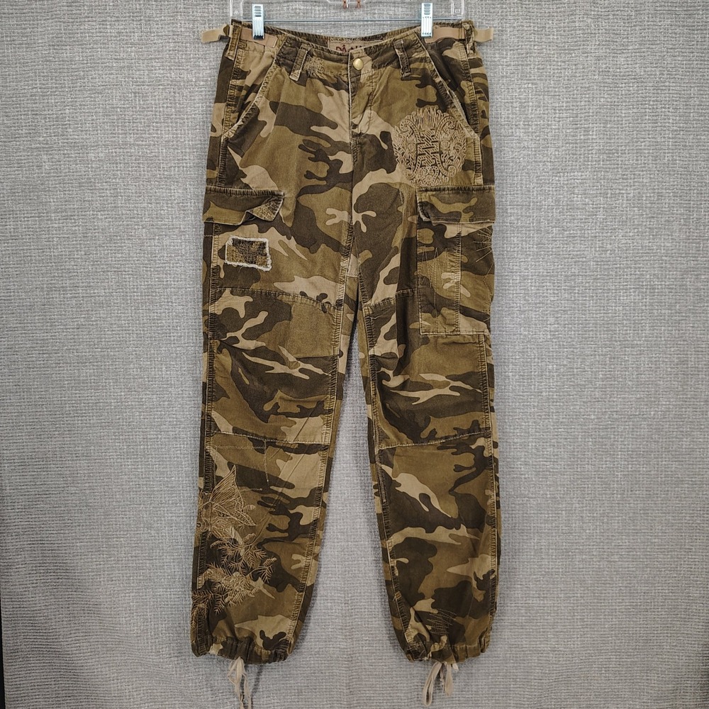 Y2K Da-Nang Camo Cargo Pants Women Size S Green Corduroy Embroidered Boho Vtg